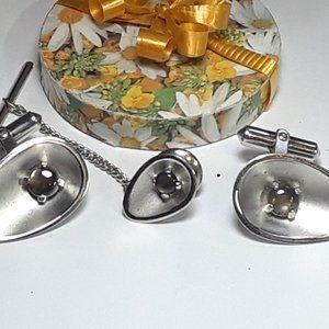 Vintage Black Star Sapphire Gents Sterling Silver Cufflinks & Tie Tack Set#18234